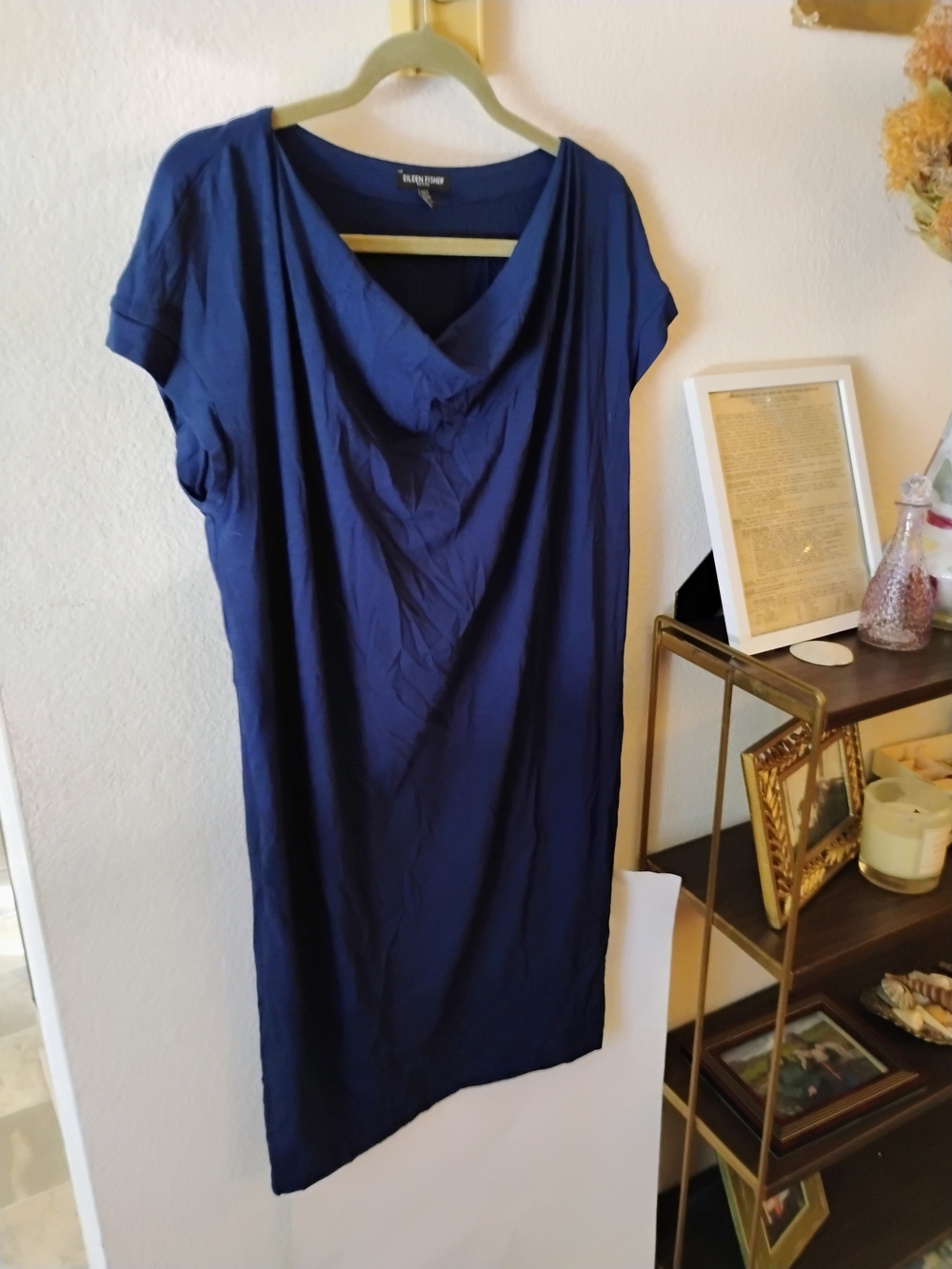 Eileen Fisher Navy Blue Viscose Jersey Cowl Neck Tunic Dress Shift Size SP
